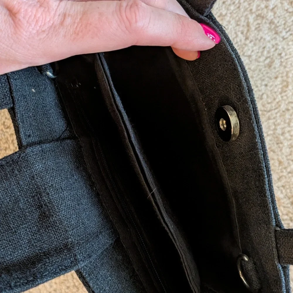 Guess Vintage Embroidered‎ Floral Mini Tote Bag Black Woven Linen Canvas Y2K